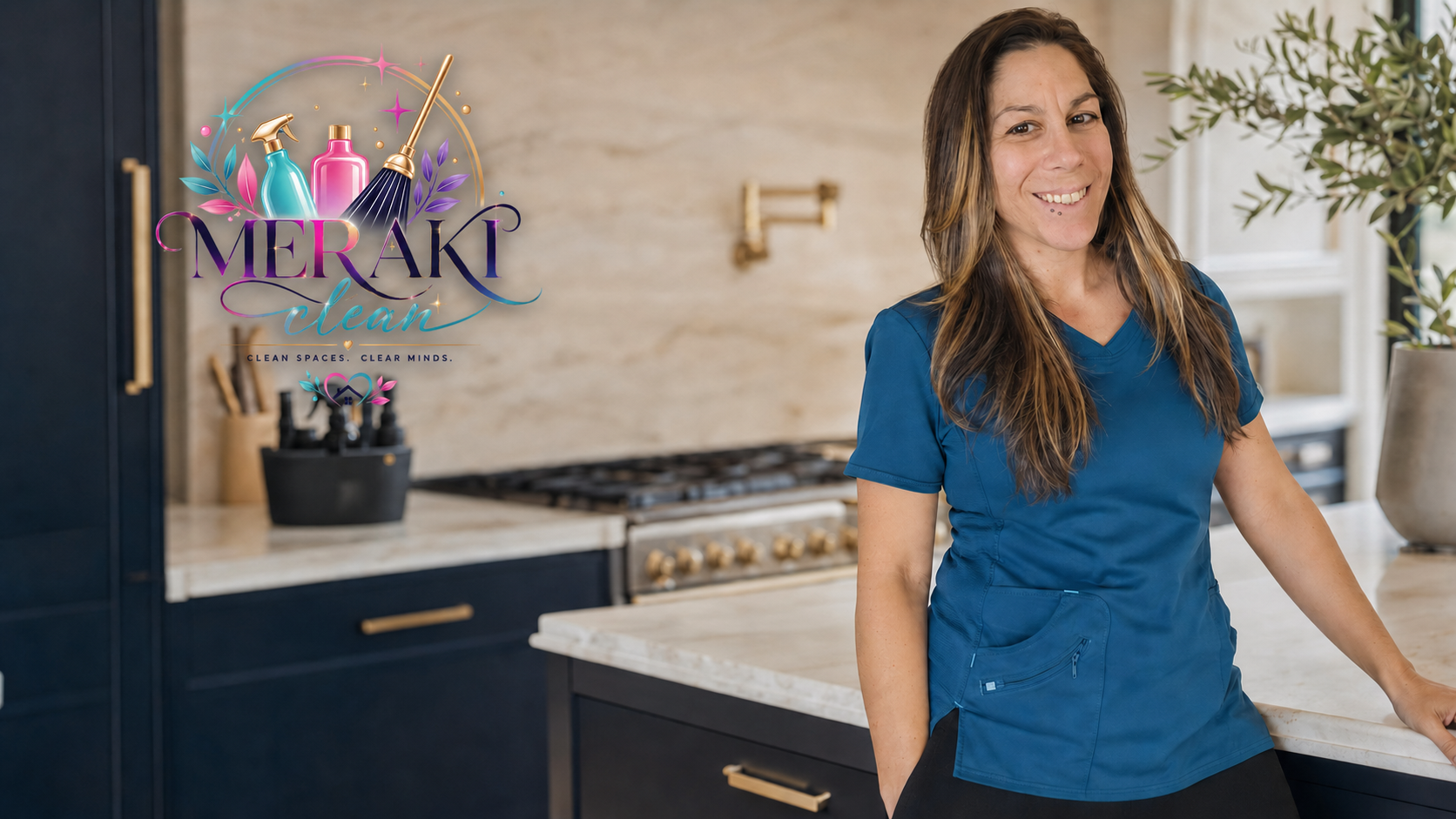 Amber Martinek, owner of Meraki Clean, standing in a client kitchen